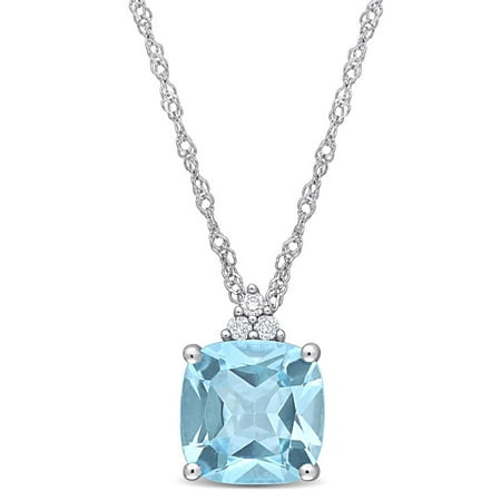 AMOUR Cushion Cut Sky-blue Topaz Pendant and Chain with Diamonds In 10K White Gold