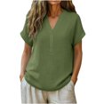thumbnail image 2 of ClodeEU Women's Linen Blend V Neck Short Sleeve Top ,Loose Fit Casual Button Blouse Army Green,Womens Plus L, 2 of 7