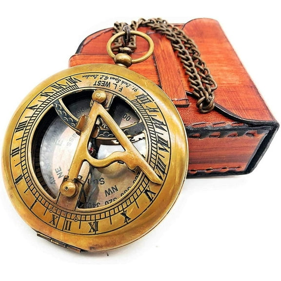 NauticalMart Sundial Compass, Antique Steampunk Brass Sundial Compass, Sundial Watch with Leather case Sundial