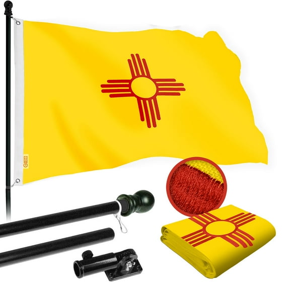 G128 Combo Pack: 6 Ft Tangle Free Spinning Flagpole (Black) & New Mexico Flag 3x5 Ft Embroidered 220GSM Spun Polyester, Brass Grommets (Flag Included) Aluminum Flag Pole
