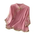 thumbnail image 2 of Soki Linen Tops Summer 3/4 Sleeve Chinese Frog Blouses Traditional Mandarin Embroidered Jacquard Shirts, 2 of 4