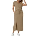 thumbnail image 2 of Lutiedan Womens 2 Piece Long Skirt Sets V Neck Short Sleeve Tops and Side Slit Stretchy Drawstring Skirt Set Summer Casual Vacation Outfits, 2 of 6