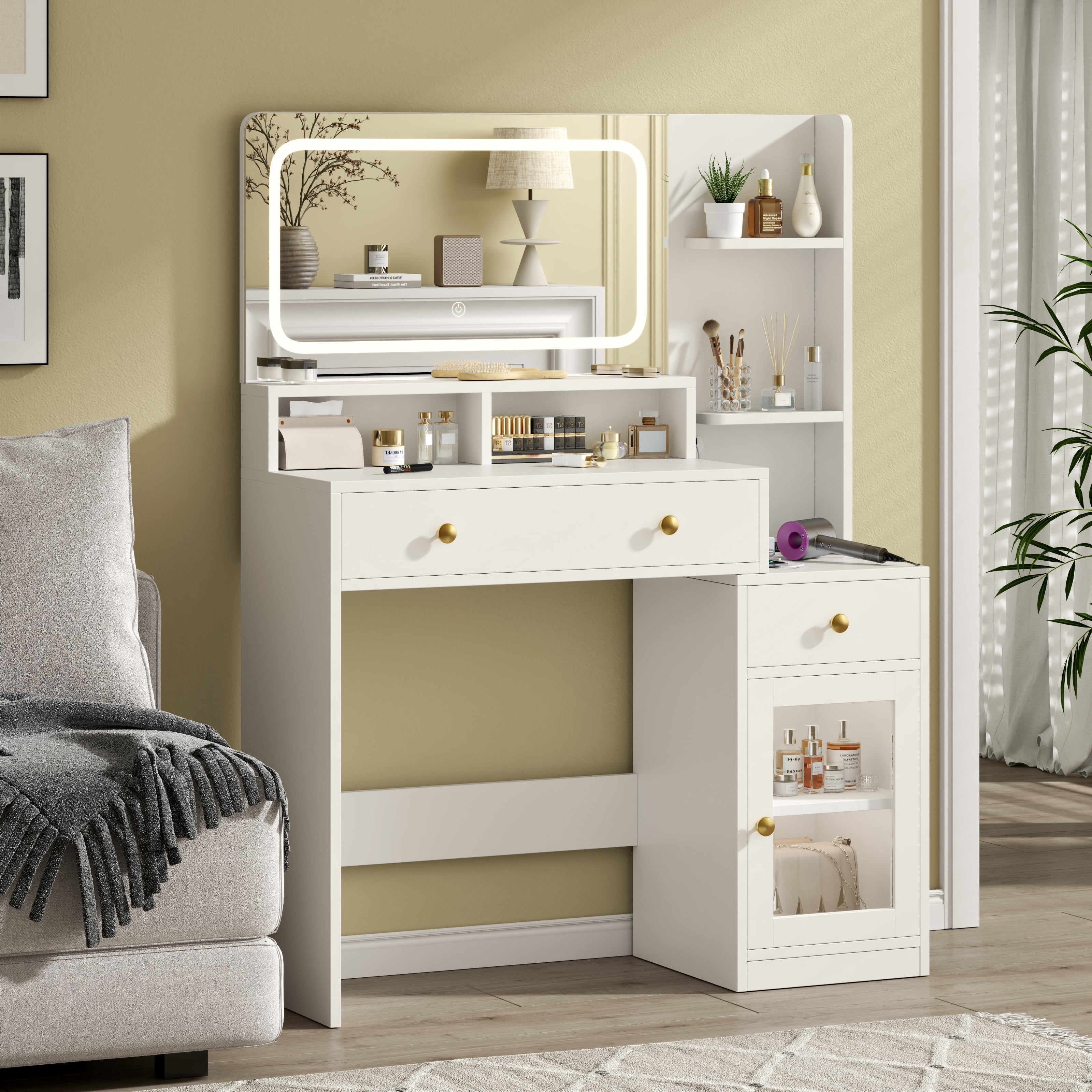 Satifur Modern LED Vanity Desk with Charging Station & Storage & LED Mirror, White Makeup Table for Bedroom