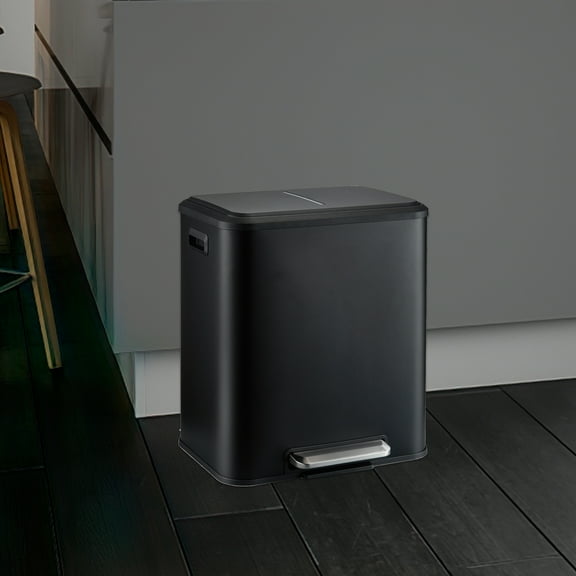 Trash Can, Stainless Steel Double Trash Can with Recycling Bin,2 x 4 Gal (2 x 15L) , Soft-Close Lid, Step-On Garbage Bin