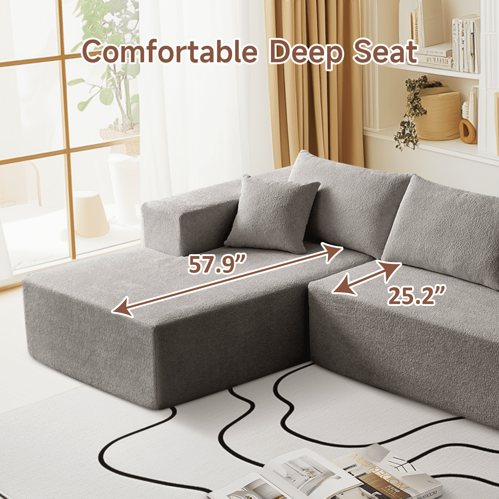 104" Sectional Sofa, L-Shaped Modern Modular High-Density Sponge Corner Sofa with Chaise Lounge & Pillows, Upholstered Cloud Couch for Living Room Bedroom Apartment