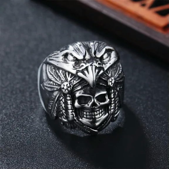 K-KED Vintage Indian Eagle Skull Ring Men's Stainless Steel Tribal Skull Delicate Jewelry Ring-8