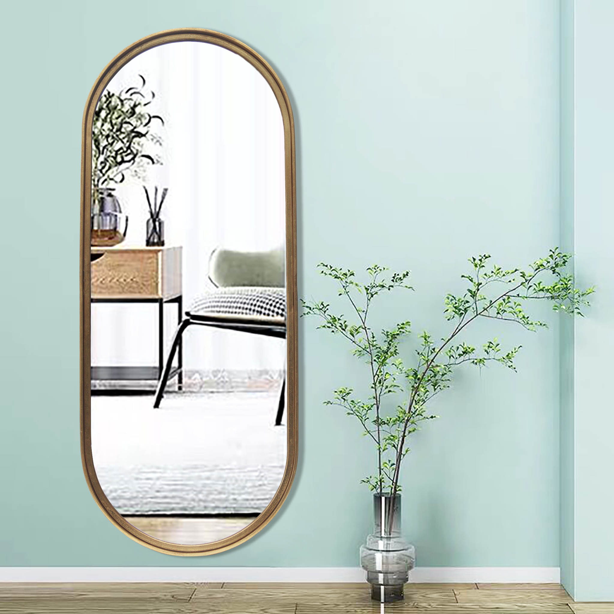 Parisloft Oval Capsule Wall Mirror With Gold Metal Frame, Antique Gold Oblong Full Length Wall Mirror for Bedroom, Bathroom, Living Room, 17.75 x 43.125 Inches