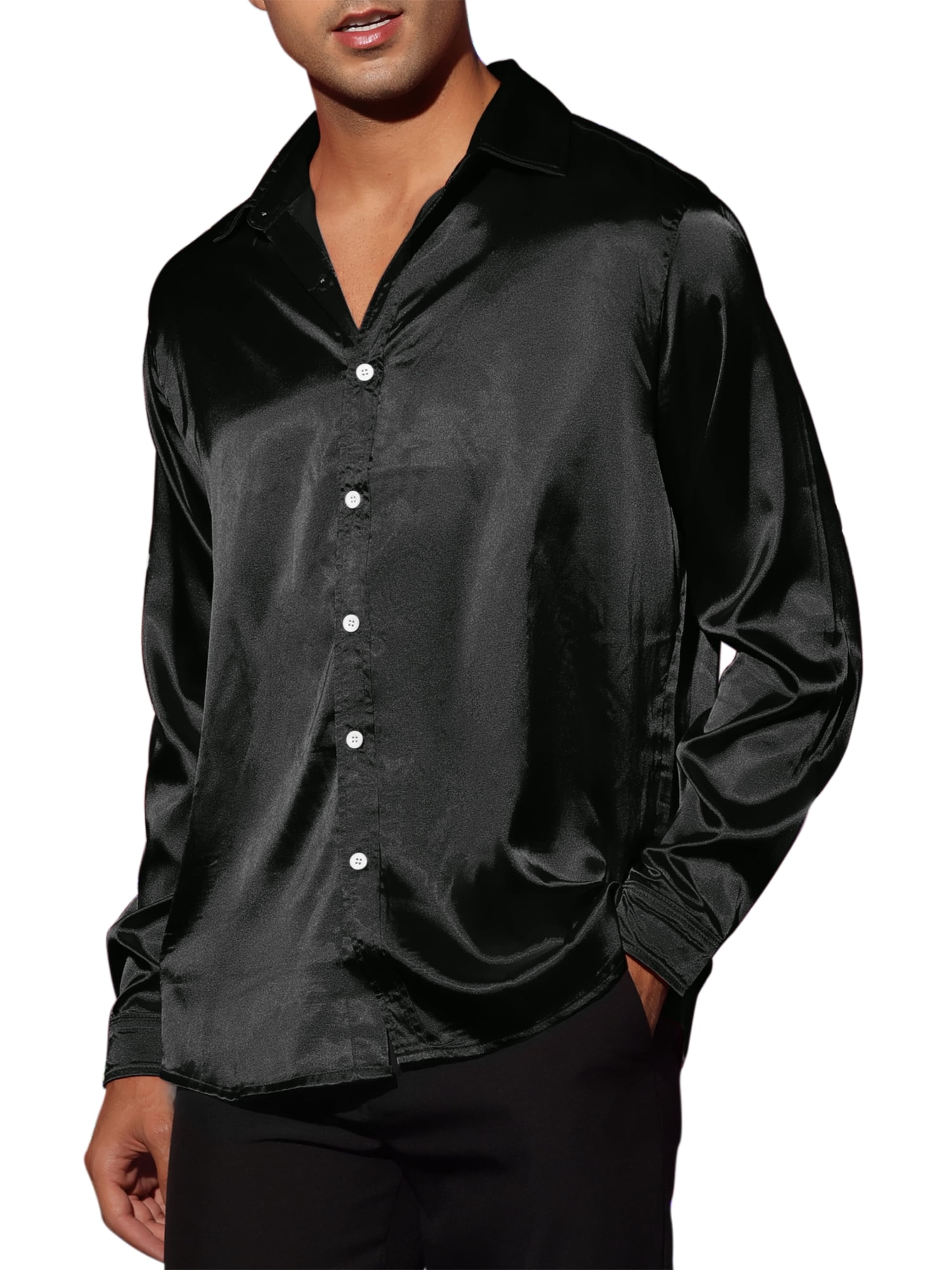 Unique Bargains Men's Satin V Neck Long Sleeves Button Down Prom Shirts XL Black