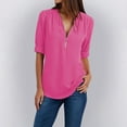 thumbnail image 2 of Holzkary Womens Half Zip V Neck Shirt Summer Half Sleeve Shirts Casual Loose Top Blouses T Shirts Women Ladies Clothing Loose Shirt Chiffon Zipper Long Sleeves Plus Size Tops Hot Pink M, 2 of 7