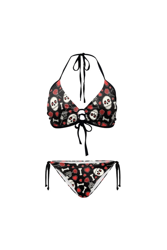 Gothic Skull Rose Heart Halter Bikini Set - Sexy Two Piece Triangle Swimsuit with Tie Sides - Perfect for Beach Vacation & Pool Party