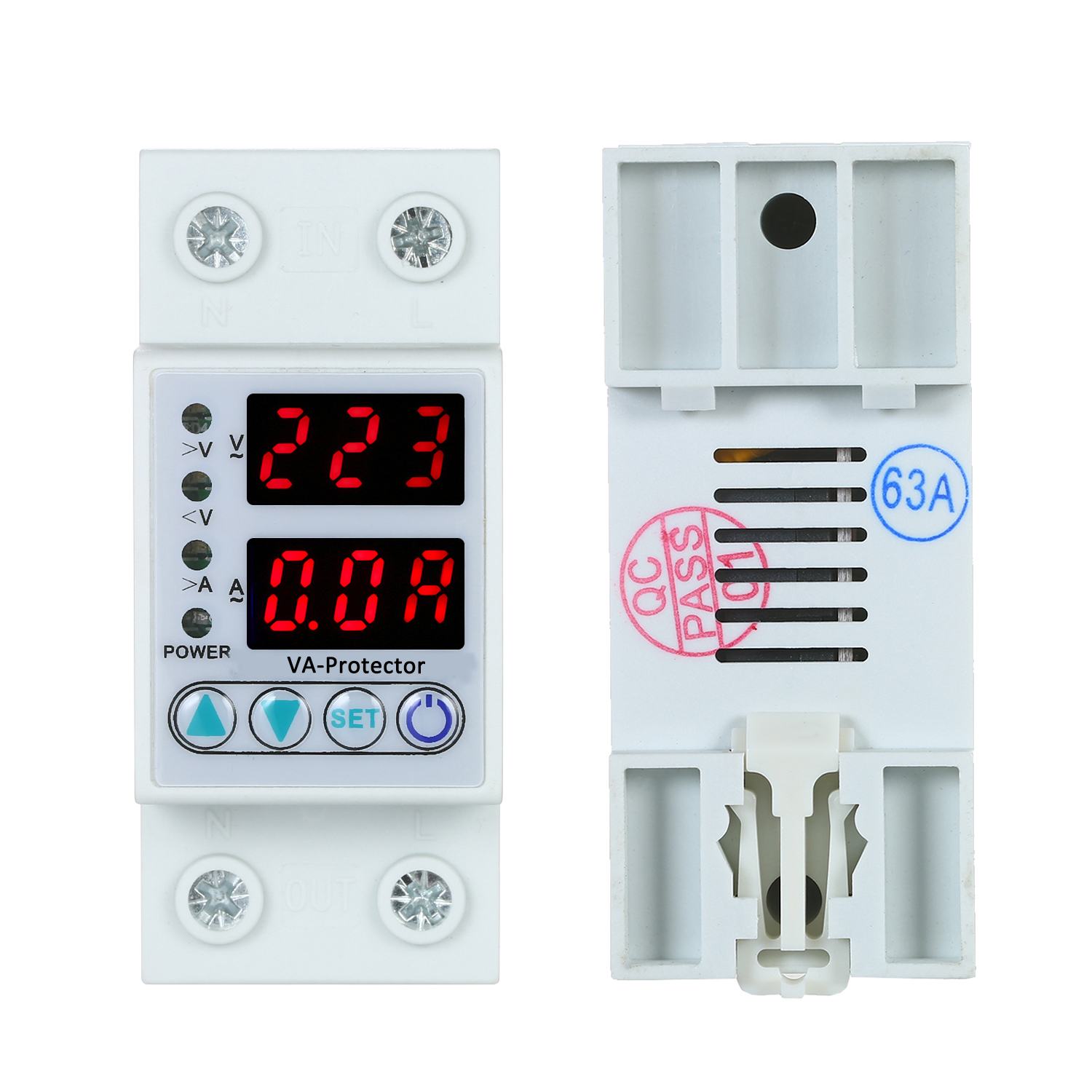 Over 63A 220V Din Rail Adjustable Over Voltage And Under Voltage Protective Device Protector Relay Over Current Protection Home Usage Dual LED Display