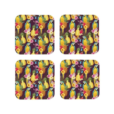 

Coasters Set of 4 - Cute Parrot Pitaya Flower Butterfly Drink Coasters for Tabletop Protection Leather Coasters for Living Room Decor and Housewarming Gift Square