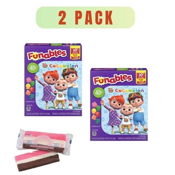 Funables Fruity Snacks Cocomelon Assorted Fruit Flavored Gummies, Made with Real Fruit Puree, 0.8 oz 10 Count Pouches, 2 Pack Value Box with Bonus Barra de Arco-Íris de Coco