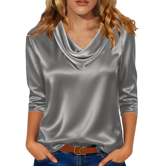 Dressy Tops for Women 3/4 Sleeve Silk Satin Blouses Business Work T Shirts Loose Fit Cowl Neck Spring Summer Outfits 2026 Gray L