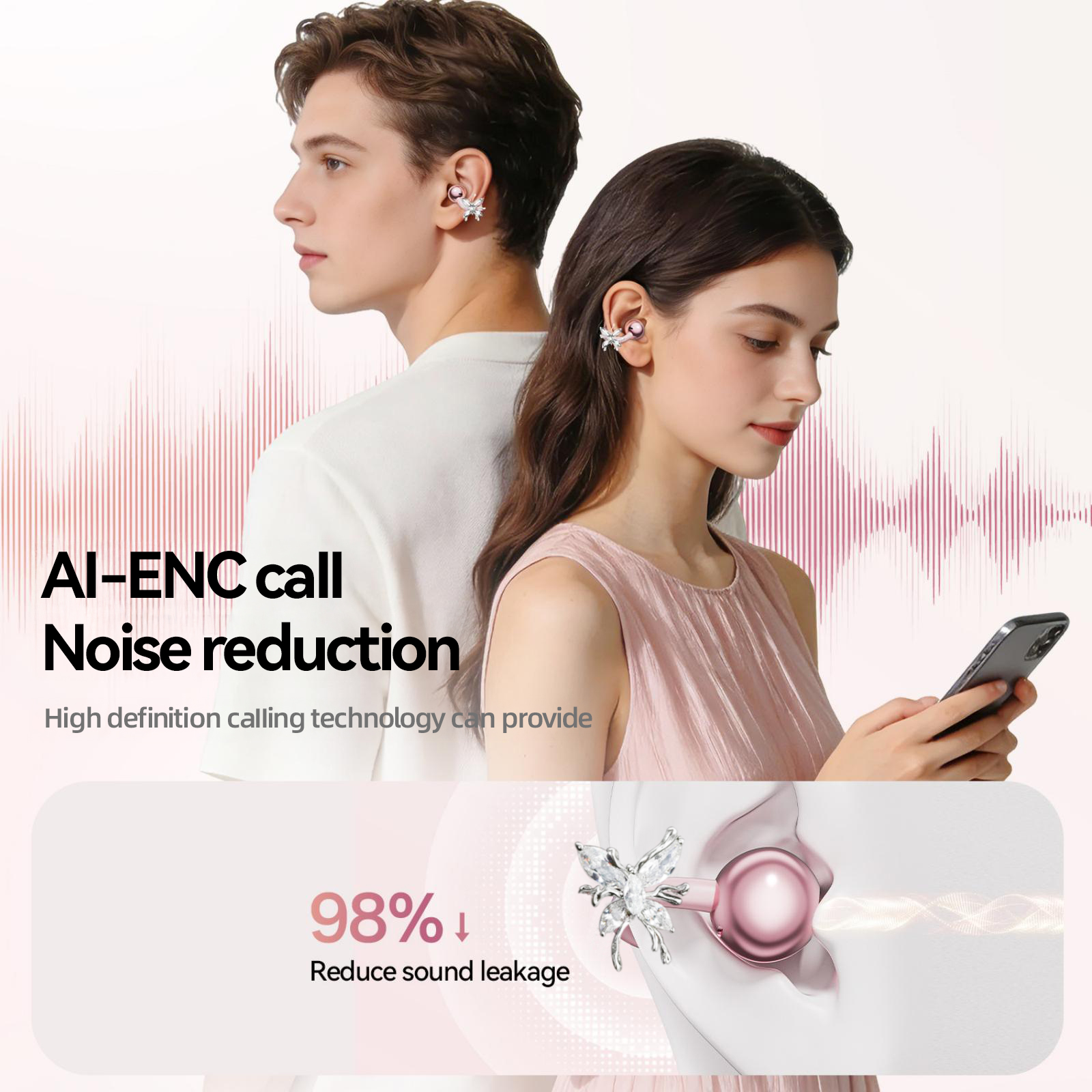WUYUEGE Open Ear Headphones with Butterfly Earrings, Clip On Earbuds,6.0 Bluetooth Wireless Headphones for Women Gifts, Sports & Workouts（Rose Gold）