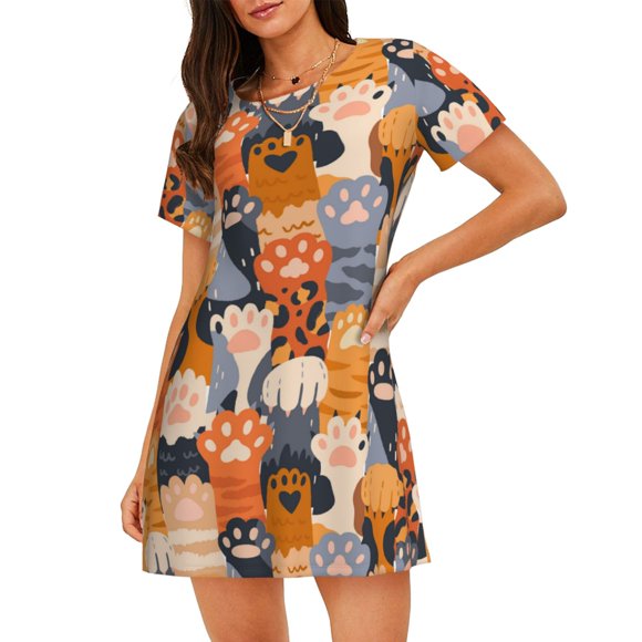 Naloa Cute Cat Paw Print Women Nightgowns,Womens Loungewear,Short Sleeve Sleepwear,Comfy Ladies Nightdress