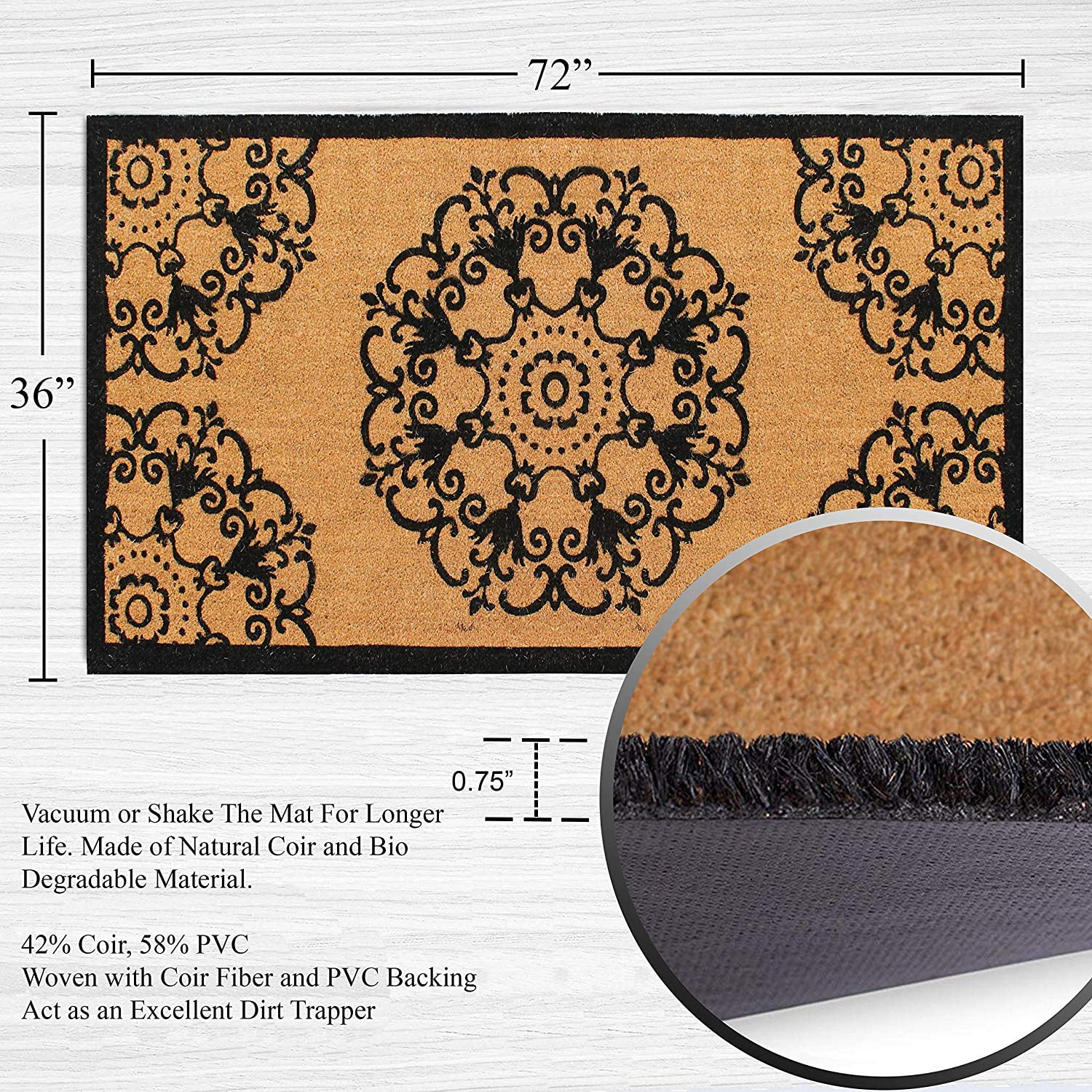 A1HC First Impression Handcrafted Coir Doormat for Outdoor Double Door Entrance, Heavy-Duty Large Front Door Mat, Long-Lasting - 36" x 72"