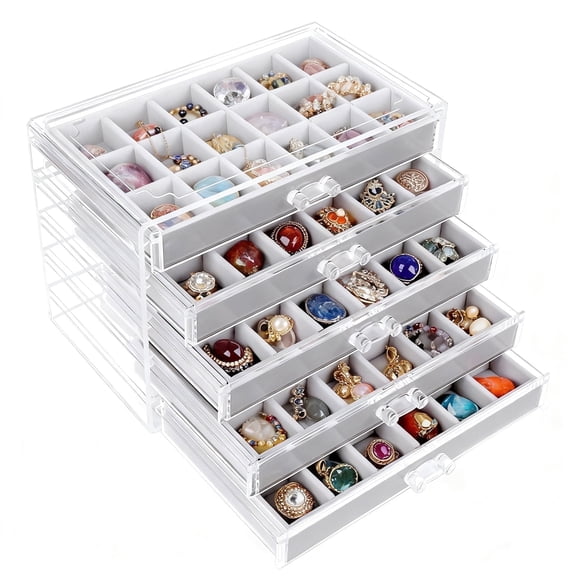 Giphtpoeet Acrylic Jewelry Box with 5 Drawers Earring Storage Organizer Box Clear Display Case for Women Girls Gray 90 Slots