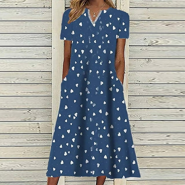 EGNMCR Robes d'Été Femmes Tendance 2024 Femmes Été Décontracté Imprimé Col en V Manches Courtes