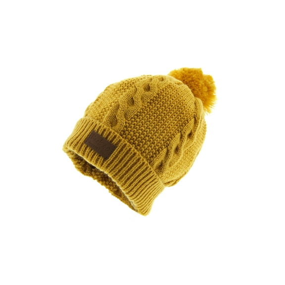 Cable Pom Pom Cuffed Beanie Unisex Yellow Thick Warm Knit Winter Hat by Back 40
