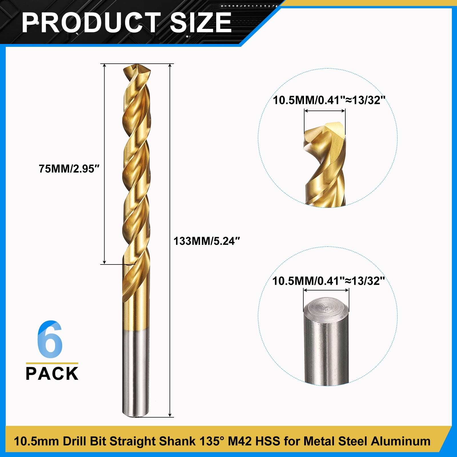Uxcell 10.5mm Drill Bit, M42 8% Cobalt High-Speed Steel Jobber Straight Shank 135° Titanium Nitride (TiN) Coated for Hard Metal Stainless Steel - 6 Pack