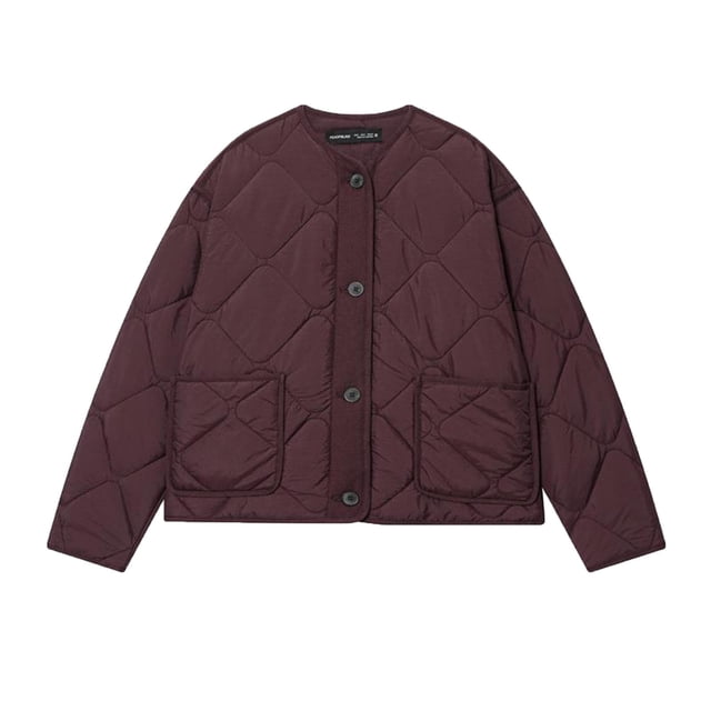 Lovzfmll Women's Padded Jacket, Fashionable Solid-Color Hoodless Round-Neck Button-Pocket Wine, L