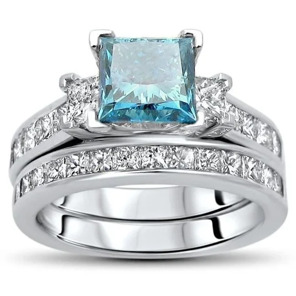 3Ct Princess Cut Simulated London Blue Topaz Wedding Bridal Ring Set 14K White Gold Plated