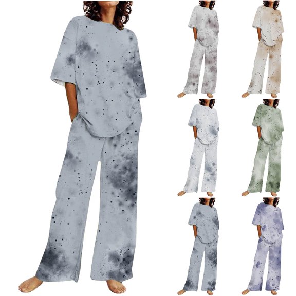 Sales Today Clearance kttectoa Plus Size Loose Pajamas Outfits Womens Pajamas Tie Dye Print Round Neck Half Sleeve Elastic Waist Pants Sets for Womens Staying at Home