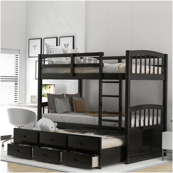CHAMPFLAG Solid Wood Bunk Bed with Trundle and Stairs, 3-Drawer Storage, Twin Size, Espresso