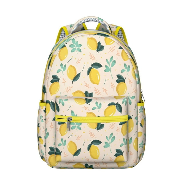 Summer Lemon Students Backpack Cute Yellow Fruit School Bag with Retro Floral Pattern, Lightweight and Wear-Resistant