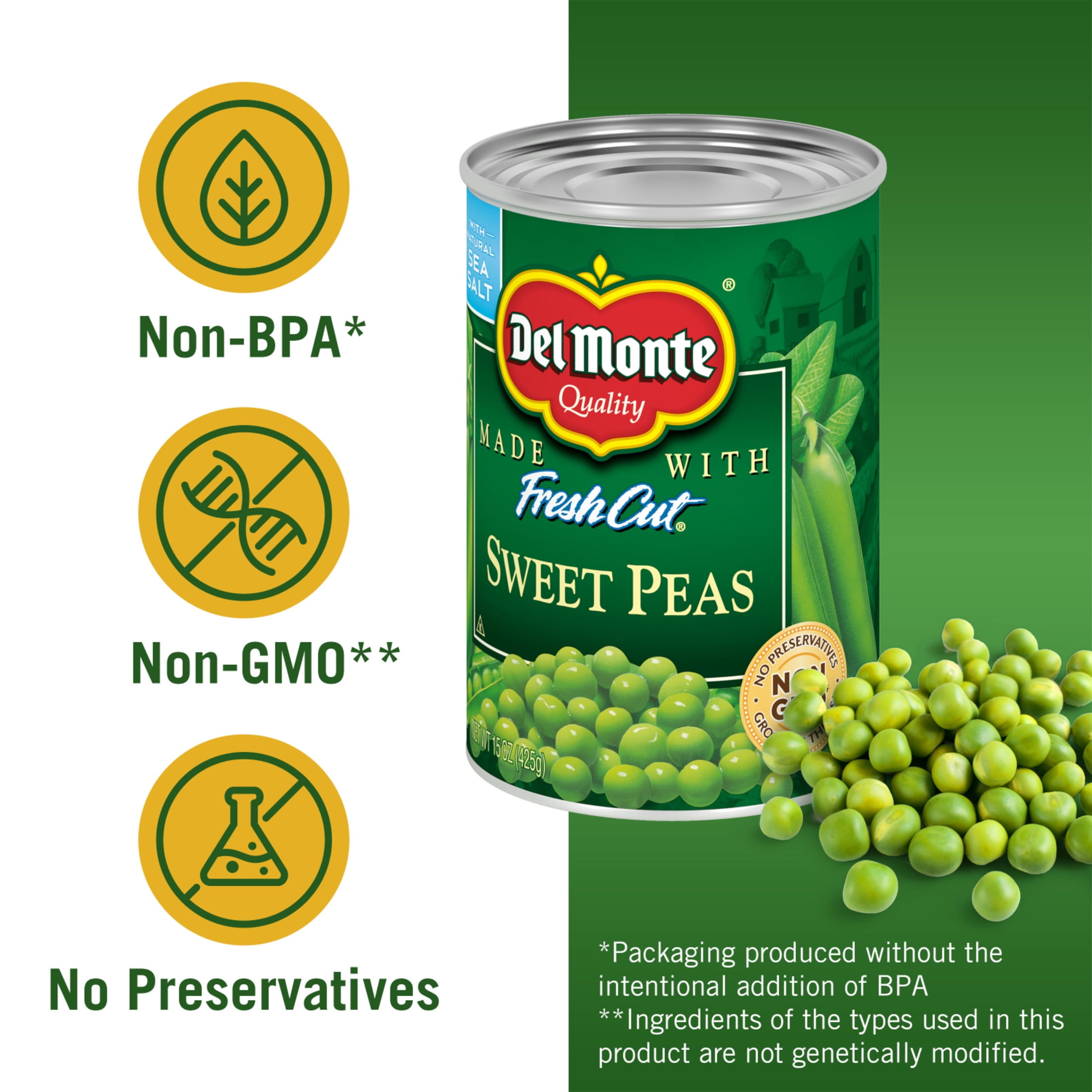 (24 pack) Del Monte Sweet Peas, Canned Vegetables, 15 oz Can