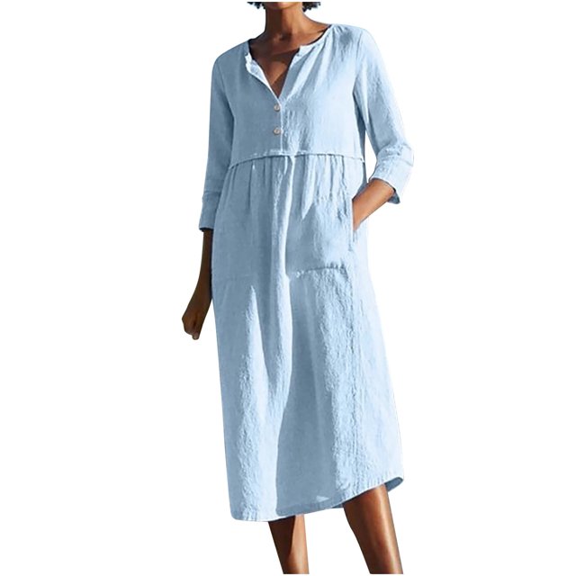 Moda mujer otoño sólido casual cuello redondo botón bolsillos 1/2 vestido de manga Fridja bnh3091