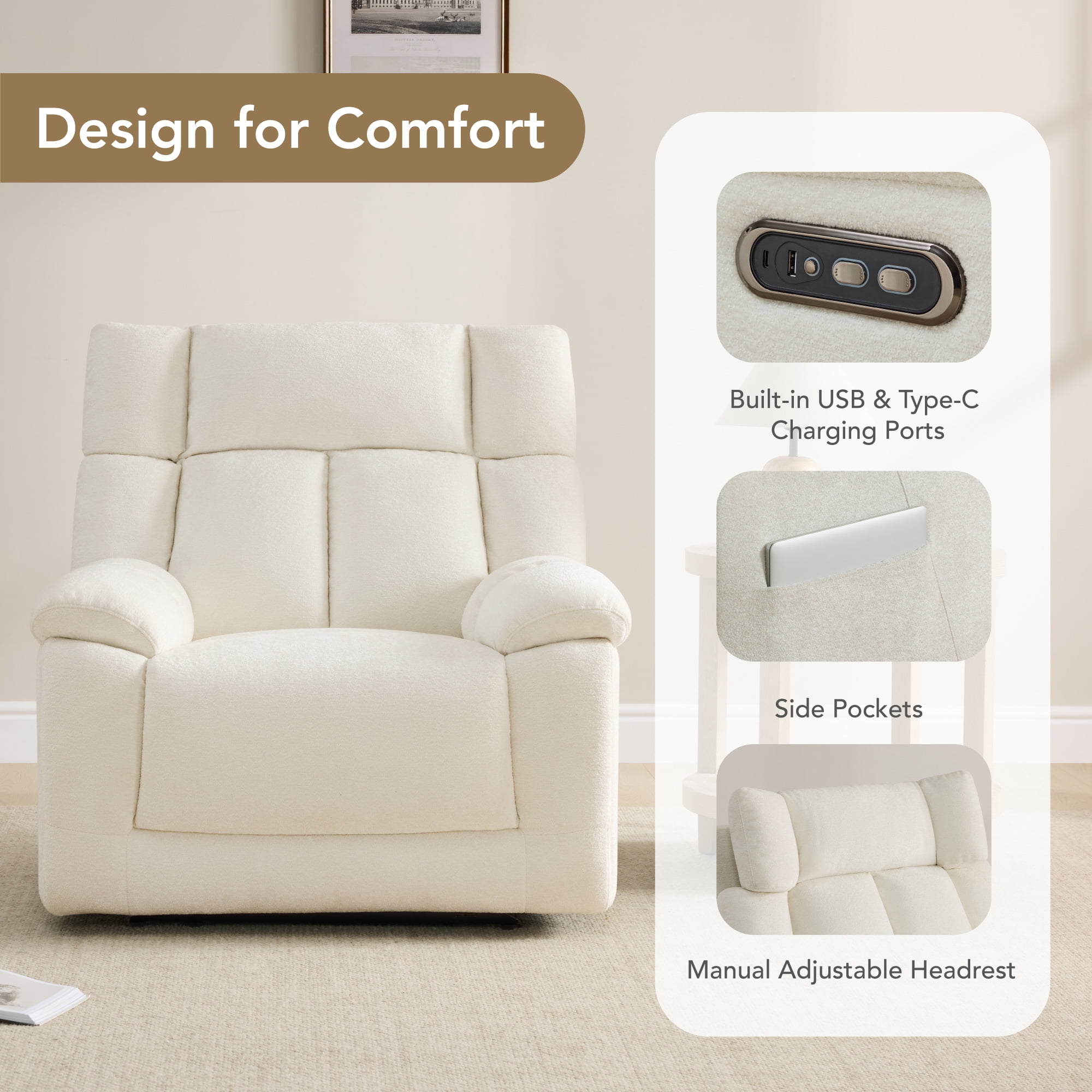 Spruce & Spring Power Lay Flat Recliner with Bluetooth Speakers & Lumbar Support, Cream