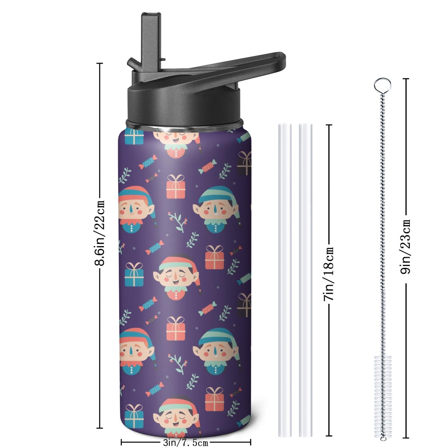 Christmas 18 oz Insulated Stainless Steel Water Bottle with Straw & Cleaning Brush , Leakproof, BPA-Free, 304 Stainless Steel, Wide Mouth, Travel Mug for Car, Gym, Office