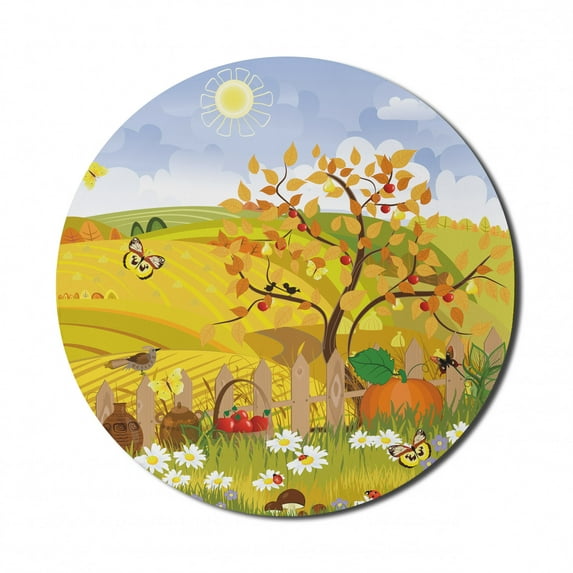 Fall Mouse Pad for Computers, Rural Scenery with Sun Butterflies Birds and Daisies on Field Kid Nursery Concept, Round Non-Slip Thick Rubber Modern Gaming Mousepad, 8" Round, Multicolor, by Ambesonne