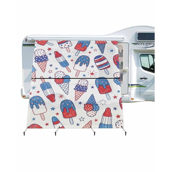 4th of July RV Awning Sun Shade Screen 9'X7' Patriotic Ice Cream Cones Mesh Sunscreen Stars Stripes Awning Shade Screen with Zipper UV Blocker Completed Kits Outdoor Canopy for RV Motorhome Camper