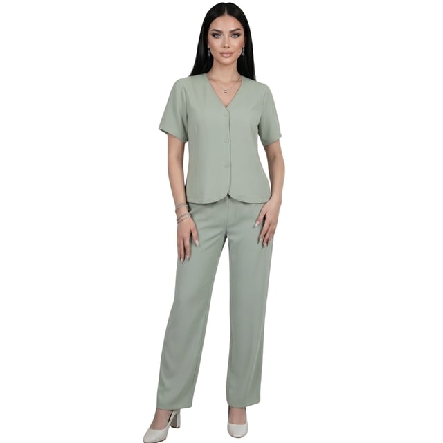 Conjunto 2 Piezas. Blusa de Manga Corta con Botones y Pantalón Recto de Moda, Look Sofisticado para Mujer