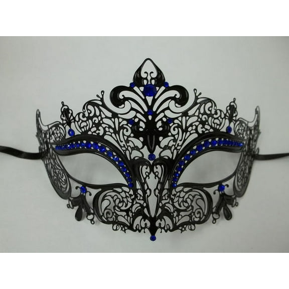 Black Blue Rhinestone Laser Cut Venetian Mask Masquerade Prom Metal Filigree