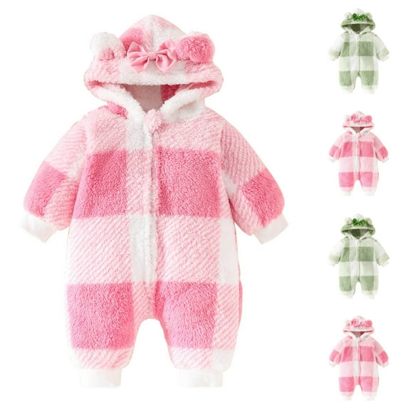 LOVZFMLL Newborn & Toddlers Plush Pajamas Gingham Hooded Onesie Jumpsuit Fall Winter Warm Sleepwear Loungewear 0-18 Months