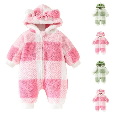 

Fall Winter Savings Clearance 2024! TRANFACY Baby Girl Boy Clothes Fall Baby Romper Checkered Jumpsuit Long Sleeved Casual Hooded Jumpsuit Thick And Long Crawling Hoodie Pink 0 Months