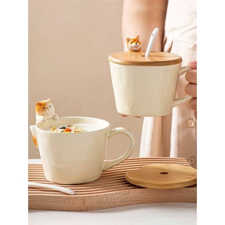 Kawai Animal Shaped Ceramic Coffee Cups,3D Tea Coffee Cups with Lids and Spoons for Valentine's Day,Mother's Day,Birthdays,Girls and Women, Size: 1