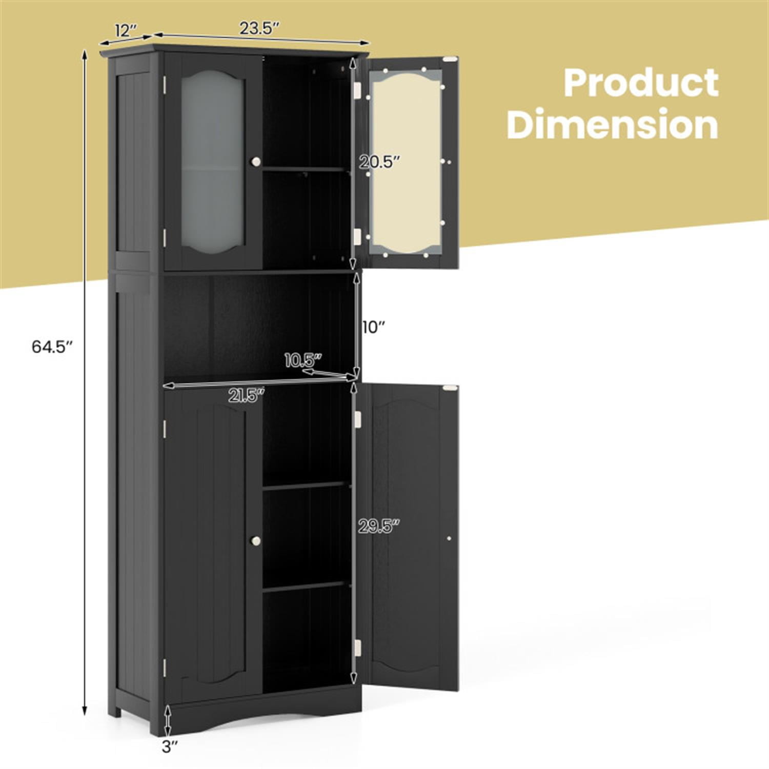Demi Bonn 64.5" Tall Freestanding Bathroom Storage Cabinet with Frost Glass Doors and Shelves, Pantry Cabinets, Black