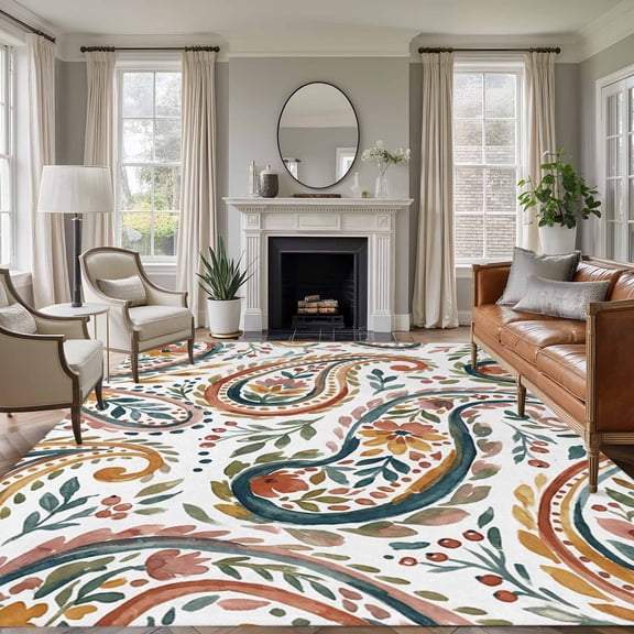 Paisley Flower Area Rugs 8'x10', Washable Small Throw Rugs for Living Room Patio, Spring Watercolor Floral Leaf Plant Indoor Outdoor Rug Non-Slip Low Pile Carpet Runner Reversible Floor Mats