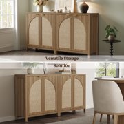 SICOTAS 34.2 Inch Wide Kitchen Pantry Cabinet with 2 Arch Doors, Rattan Storage Sideboard Cabinet with Adjustable Shelves for Kitchen, Freestanding Organizer Credenzas in Natural Oak