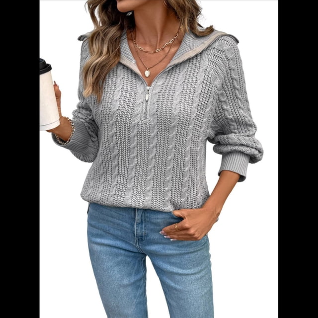 Suéteres para Mujer, Moda de Otoño, Jersey Holgado con Cremallera de un Cuarto, Cuello, Larga, Punto , Ropa de Invierno Gris S