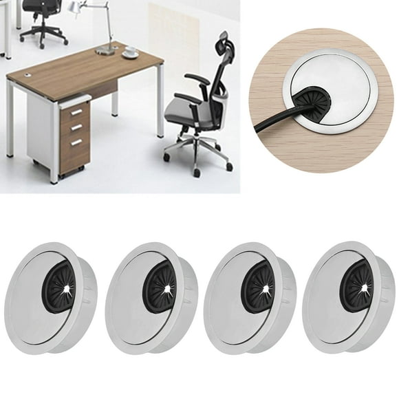 4 Set Desk Cable Grommet Zinc Alloy Wire Hole Cover, Silver Brushed Cord Organizer for Computer Desk Office Table, Cable Management Solution for Home and Office