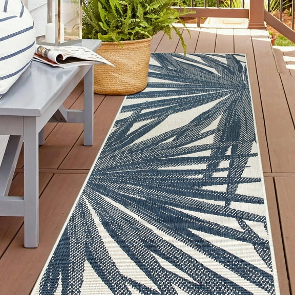 World Rug Gallery Tropical Leaves Nature Inspired Reversible Indoor/Outdoor Area Rug - Blue 2'x7'
