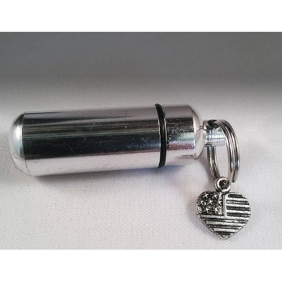 Silver Cremation Urn Keychain with Heart Shaped American Flag PLUS Engraved Flag - Includes Velvet Pouch & Funnel