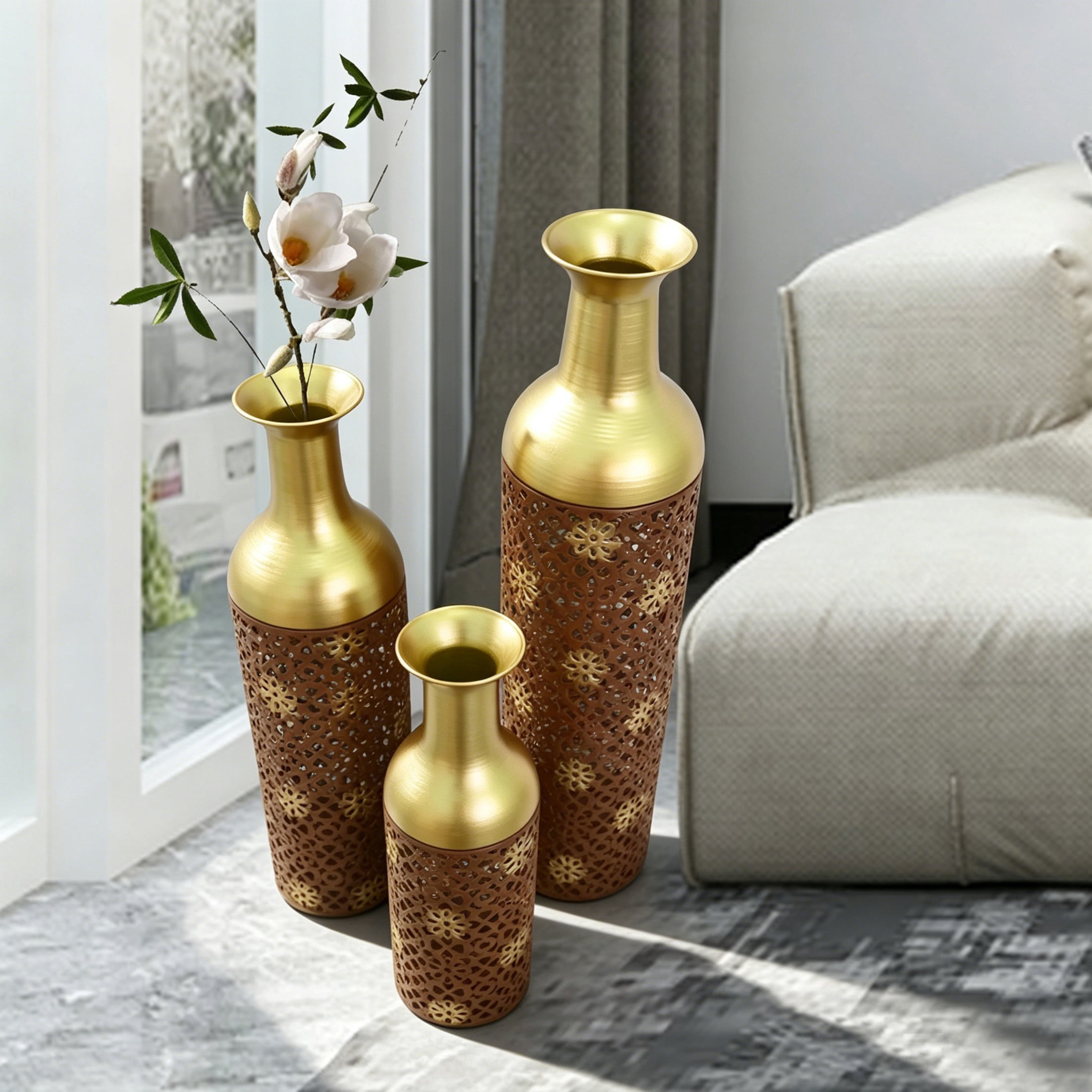 Noble House Set of 3 Decorative Metal Floor Vases, Floral Pattern Tall Vases for Home Decor, Rustic Brown+Gold