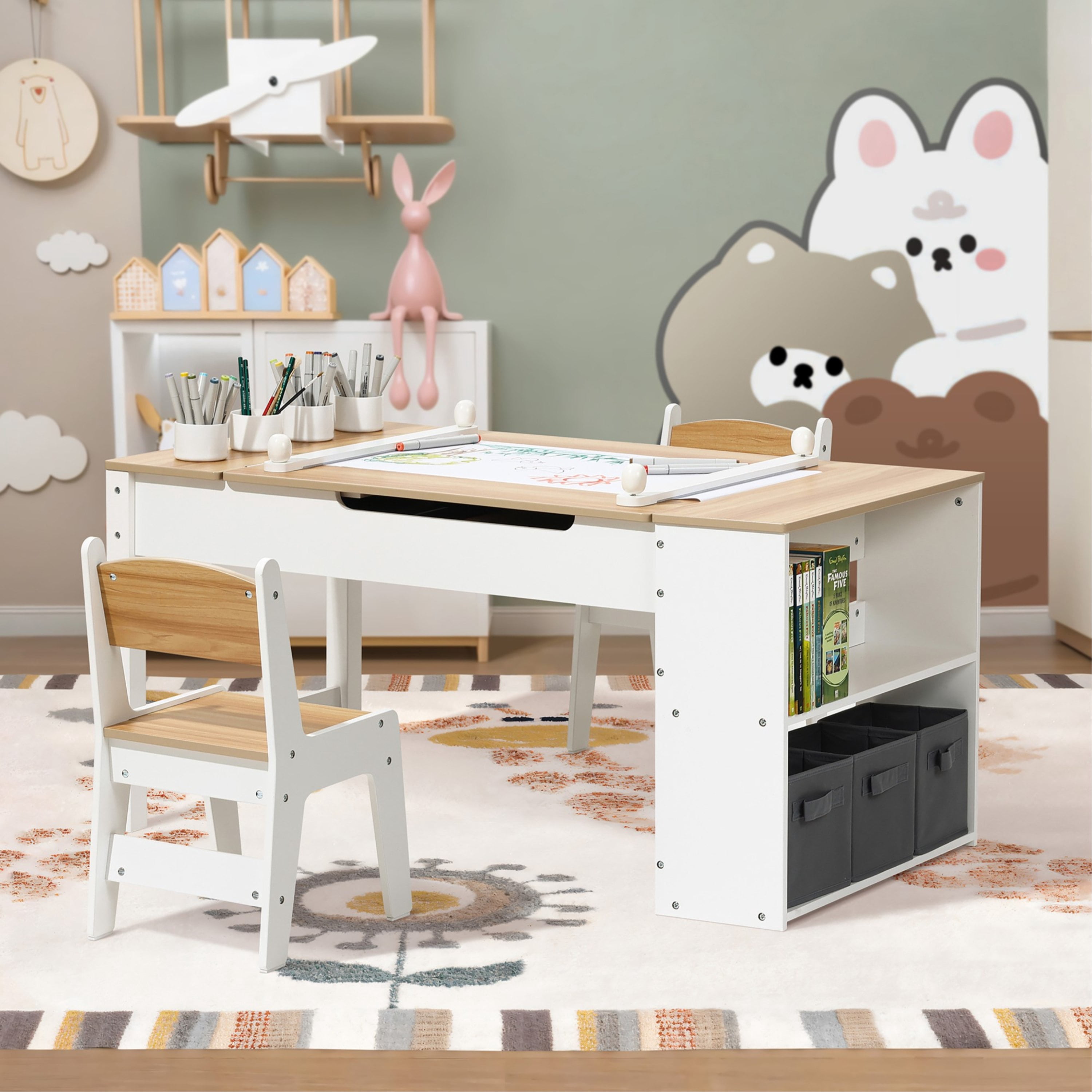 LuxenHome Activity Children Table with Storage Bookcase and 2 Chairs Set